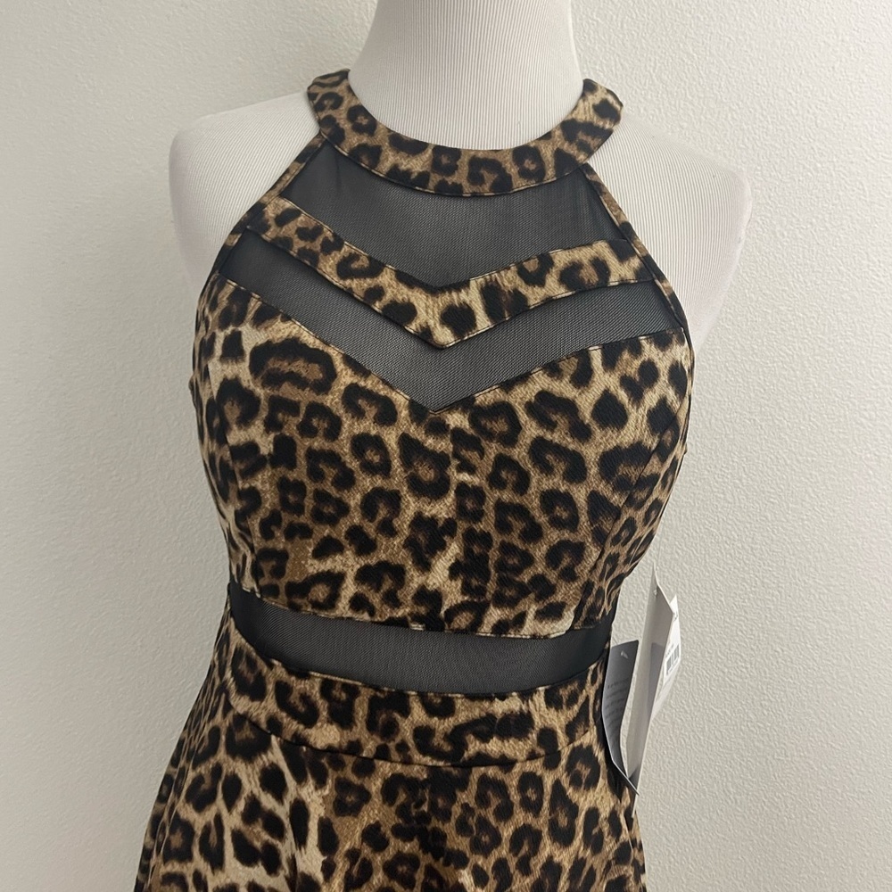 NORDSTROM LEOPARD PRINT BLACK MESH DETAIL FITTED STRECH A-LINE MINI DRESS - Picture 9 of 10